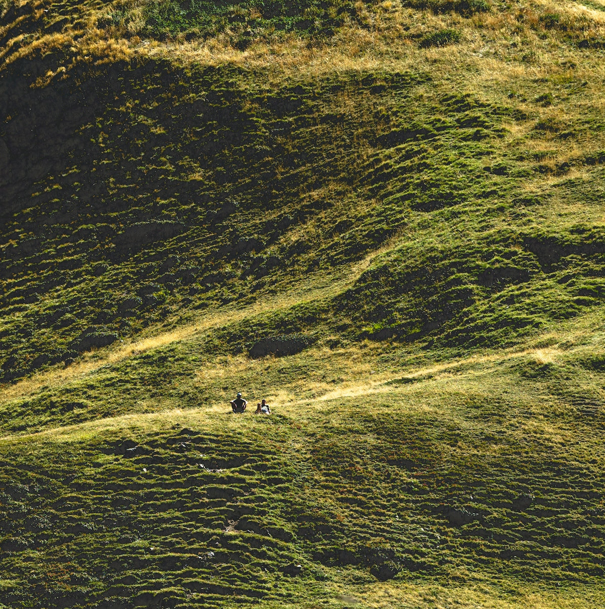 Two people on a grassy mountain slope under warm golden hour light