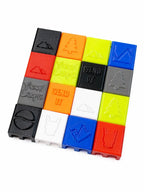 A set of five Brake and Shift Cable Clips features colorful rectangular designs with embossed mountains, trees, phrases like SEND IT and Yew Laps, plus hand and circle symbols, neatly arranged in a grid pattern.