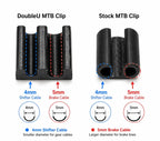 Comparison of Brake and Shift Cable Clips (pack of 5), showing slots for 4mm shifter and 5mm brake cables, with measurements and colored outlines to indicate cable diameters.
