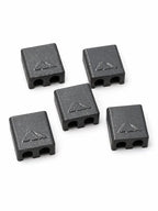 A pack of five black rectangular Brake and Shift Cable Clips with two holes at one end and a triangular symbol on top, displayed on a white background.